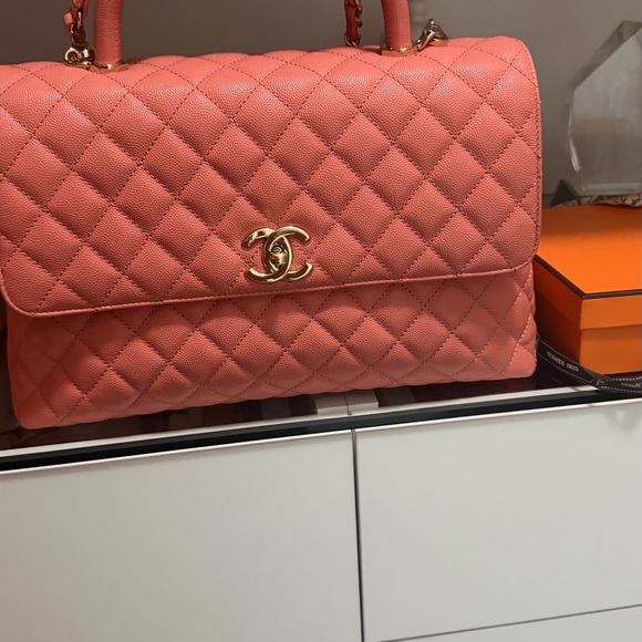 CHANEL Handbags - CHANEL Coral Quilted Top Handle Satchel with Gold Hardware